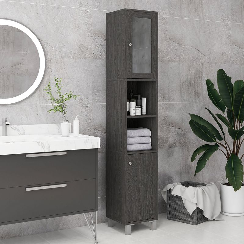 kleankin Tall Bathroom Storage Cabinet with Mirror, Wooden Freestanding Tower Cabinet with Adjustable Shelves for Bathroom or Living Room, Gray