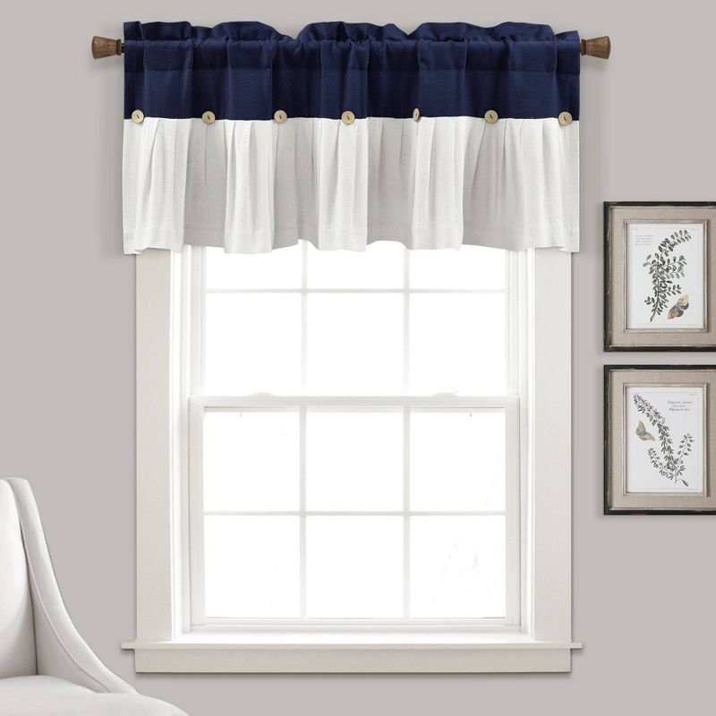 18"x52" Farmhouse Linen Button Window Valance Navy/White - Lush Décor: Classic Cotton & Linen Rod Pocket