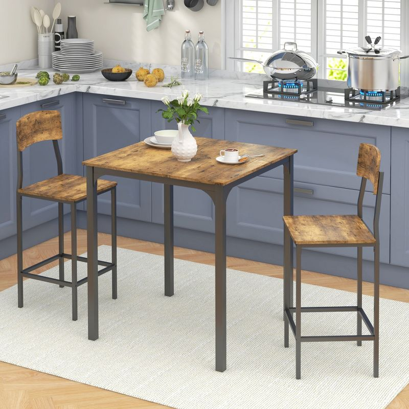 HOMCOM 3 Piece Bar Table and Chairs Set, Industrial Small Dining Table Set for 2, Square Kitchen Table and Stools, Rustic Brown and Black