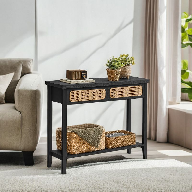 Ash Black Console Table in Boho Style. A Narrow Entryway Table with 2 Drawers and an Open Storage Shelf. for the Living Room.Sofa Table