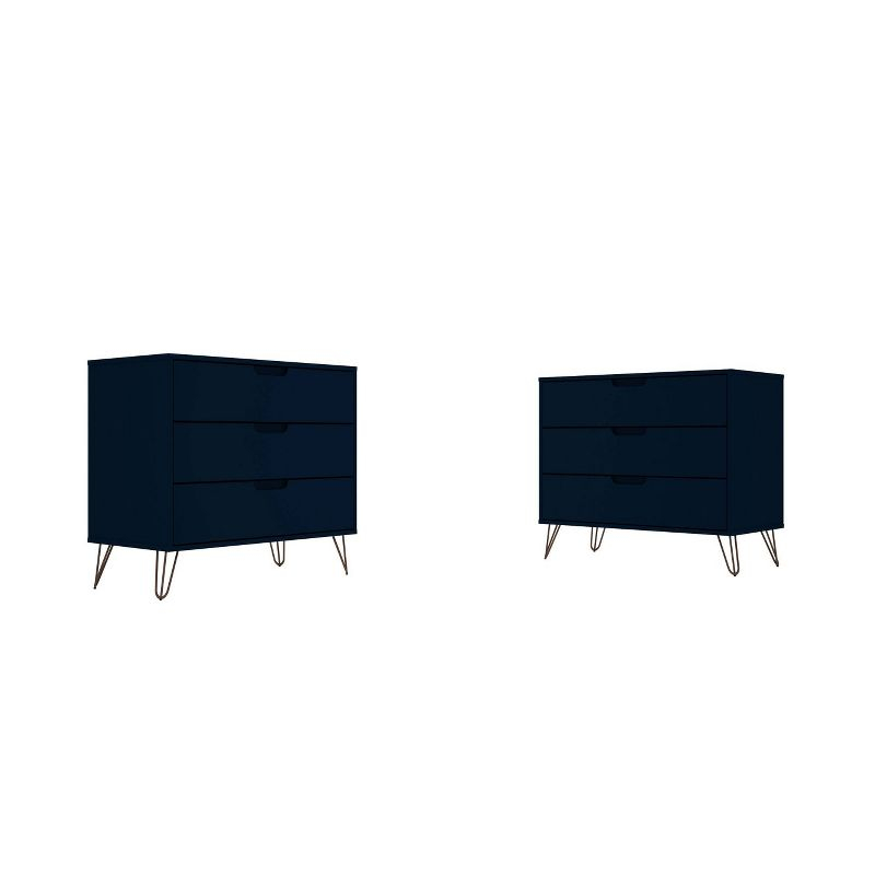 Manhattan Comfort Set of 2 Rockefeller 3 Drawer Dresser Tatiana Midnight Blue: MDF Bedroom Storage, Easy-Glide, Includes Anti-Tip Hardware