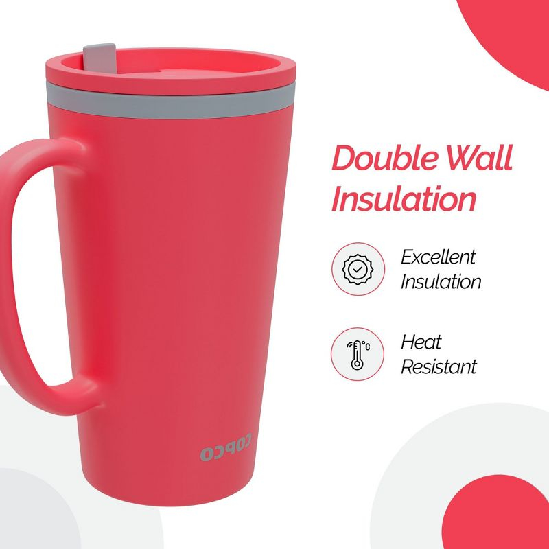Copco Cone 16oz Insulated Travel Mug with Handle, Double Wall, Slide-Closure Lid, BPA-Free, Portable Coffee Cup (Coral Red)