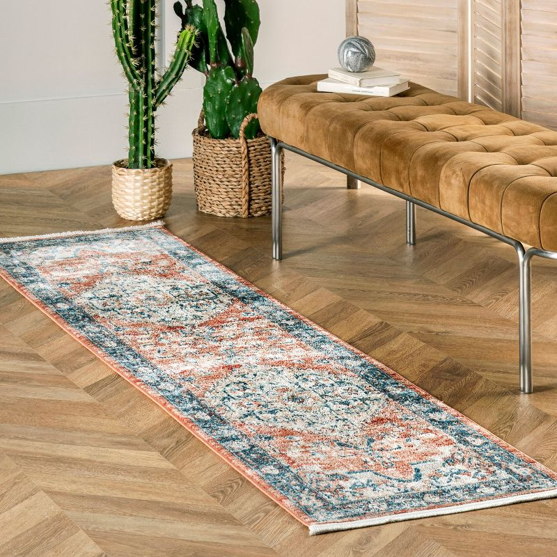 Nuloom Zara Medallion 2x6 Runner Indoor Area Rug for Living Room Bedroom Dining Room Entryway Hallway Kitchen, Rust/Blue