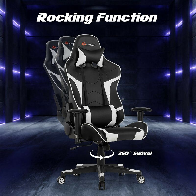 Costway Massage Gaming Chair Racing Computer Swivel Chair with Headrest & Lumbar Support White