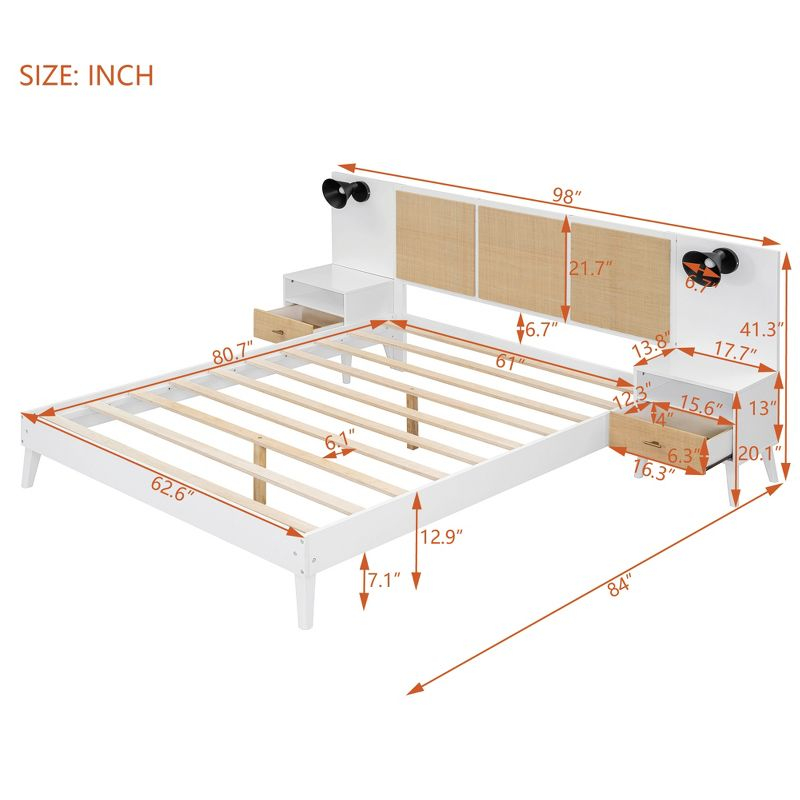 Queen Size Solid Wood Bed Frame with 2 Nightstands, Elegant Rattan and Wood Combination Platform Bed with Lamps, White - ModernLuxe