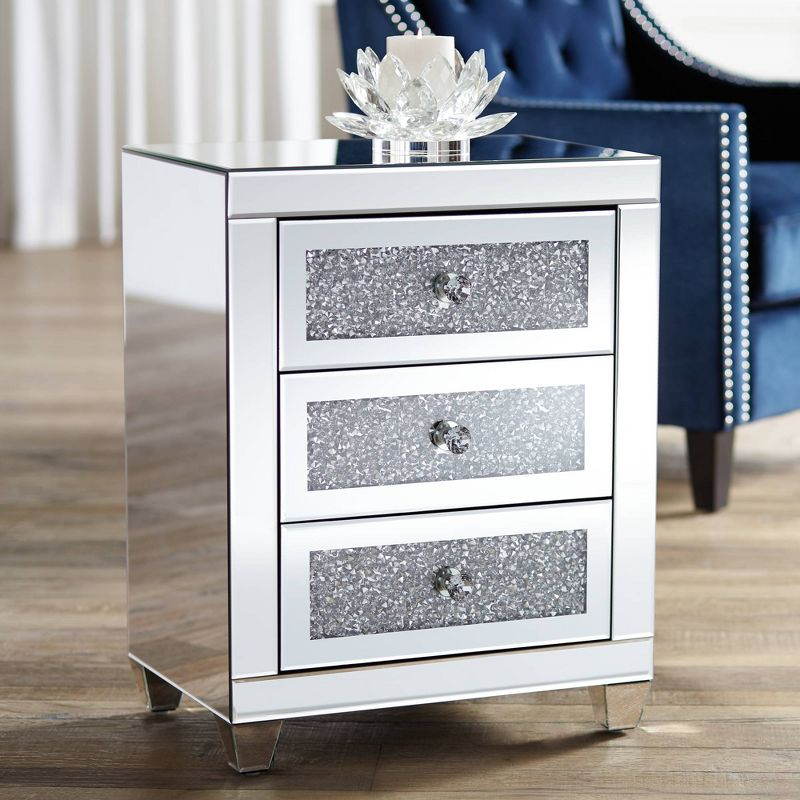 Studio 55D Gia Modern Mirrored Rectangular Accent Side End Table 20" x 14" with 3-Drawer Silver Glass Crystal for Living Room Bedroom Bedside Entryway