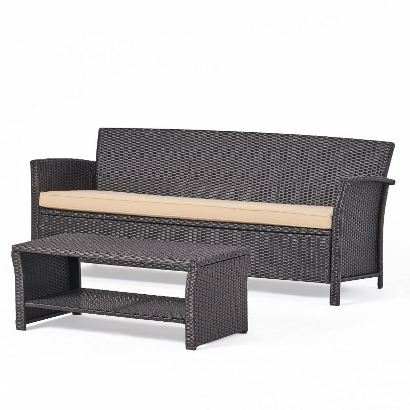 GDFStudio Raina Outdoor Wicker 3 Seater Sofa and Coffee Table with Water-Resistant Cushions, Brown/Tan