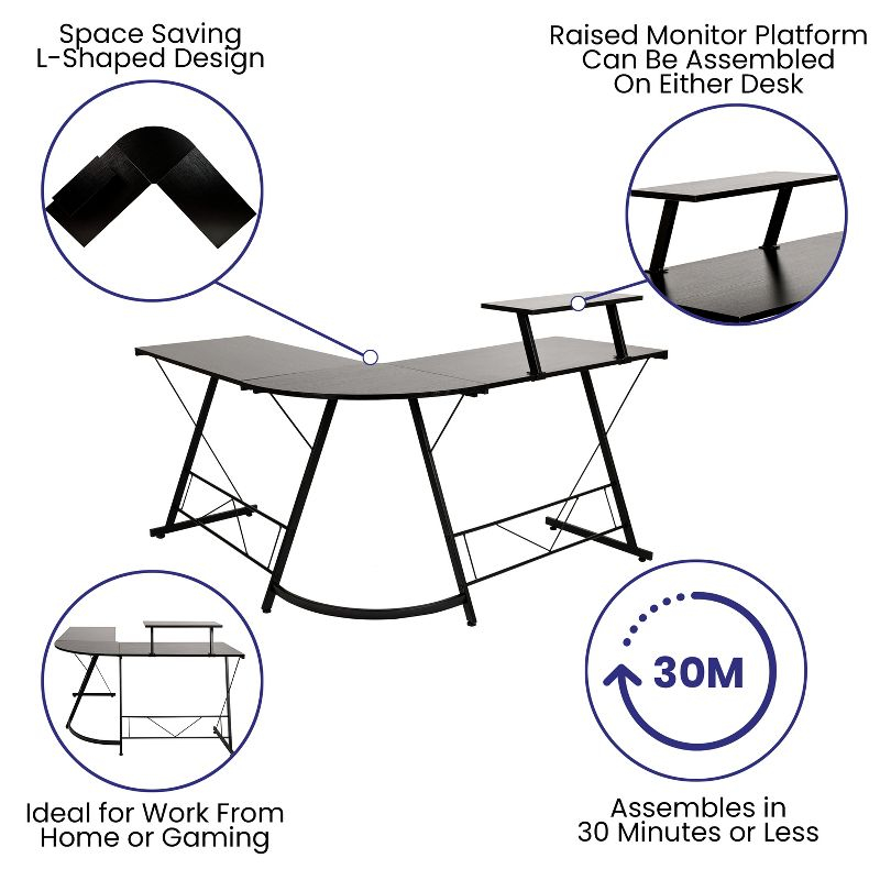Flash Furniture L-Shaped Desk 71.5" Computer Corner Desk, Home Office Corner Desk, Gaming Desk, Space Saving, Easy to Assemble, Black/Black