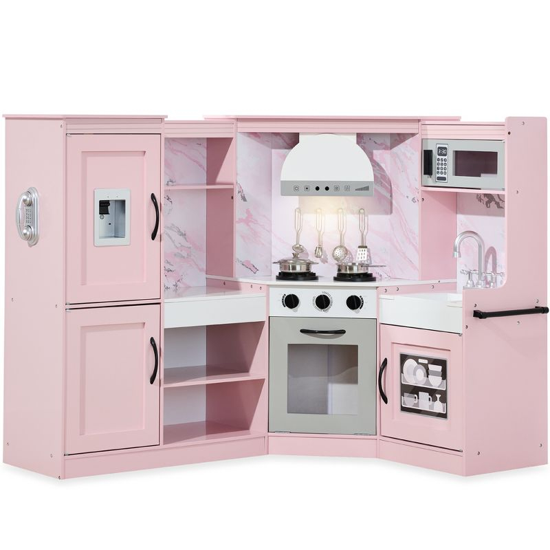 Best Choice Products Pretend Play Corner Kitchen, Interactive Wooden Kids Set w/ Lights & Sounds - Pink