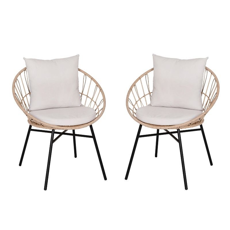 Flash Furniture Devon Set of 2 Indoor/Outdoor Modern Papasan Patio Chairs, Rope with Tan Finish PE Wicker Rattan and Light Gray Cushions