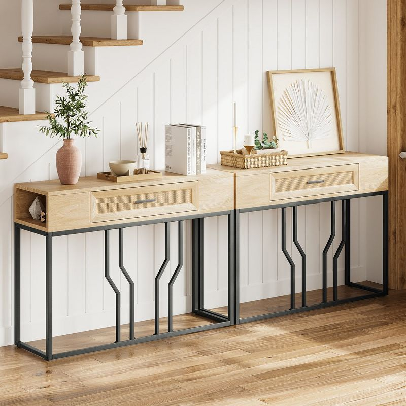 Garvee Rattan Console Table, Sofa Tables Narrow Entryway Table with Drawer and Storage for Living Room, Foyer, Bedroom