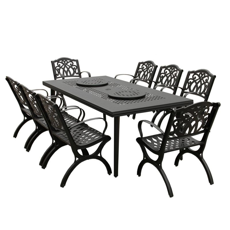 9pc Outdoor Dining Set with 84" Modern Ornate Mesh Aluminum Large Rectangular Table & Luxury Chairs - Black - Oakland Living: UV-Resistant