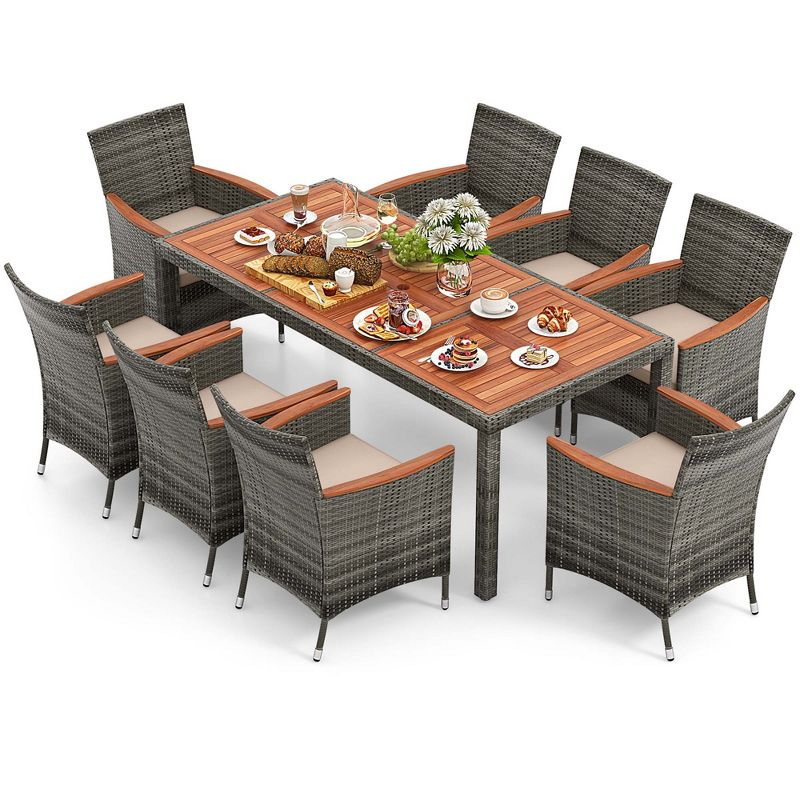 Costway 9PCS Patio Rattan Dining Set Mix Gray Acacia Wood Table Cushioned Chair