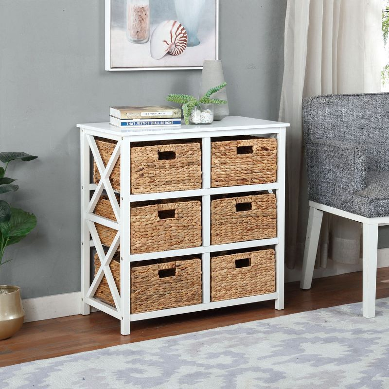eHemco 3 Tier X-Side Storage Drawers with 6 Wicker Baskets, White
