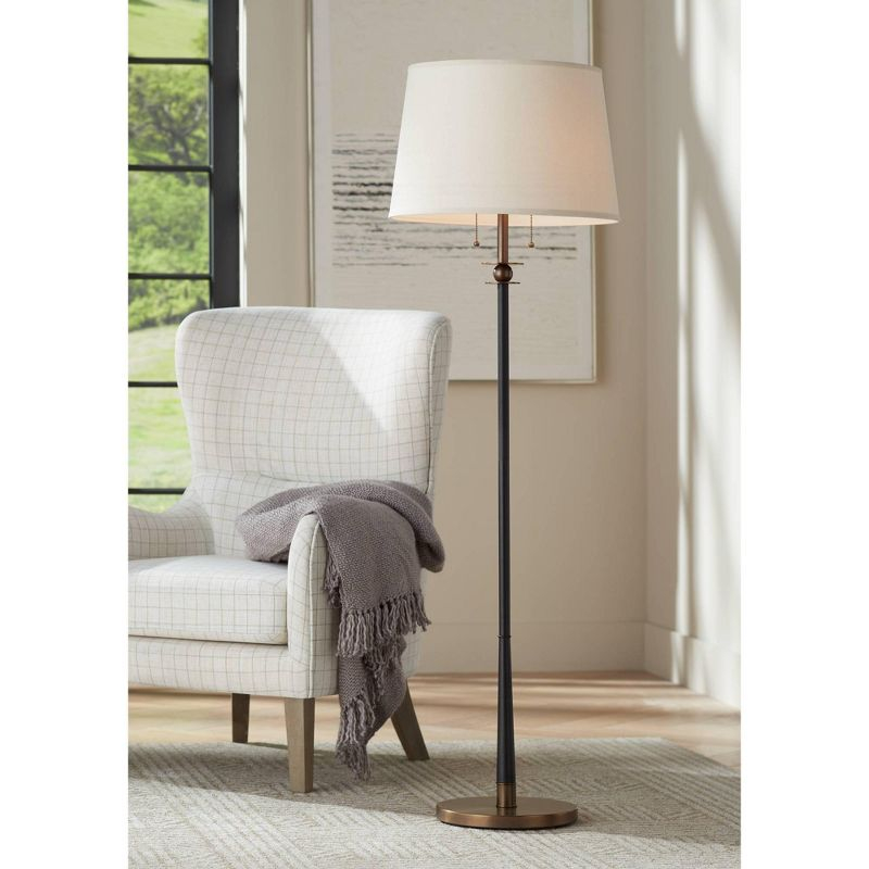 Kathy Ireland City Heights Modern 59" Tall Standing Floor Lamp Skinny Pole Pull Chain Black Gold Metal Antique Brass Finish Living Room Bedroom House