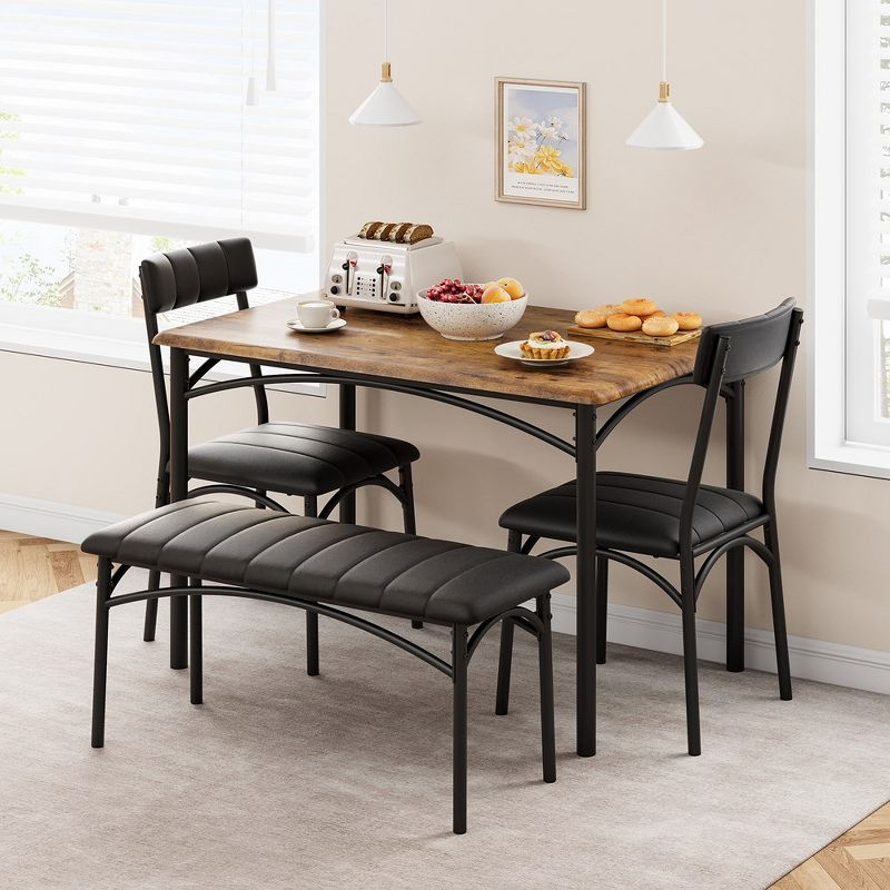 Garvee 4-Person Dining Set, Upholstered Chairs & Bench, Rectangular Kitchen Table Set for Small Space, Apartment, Home, Studio, Rustic Brown