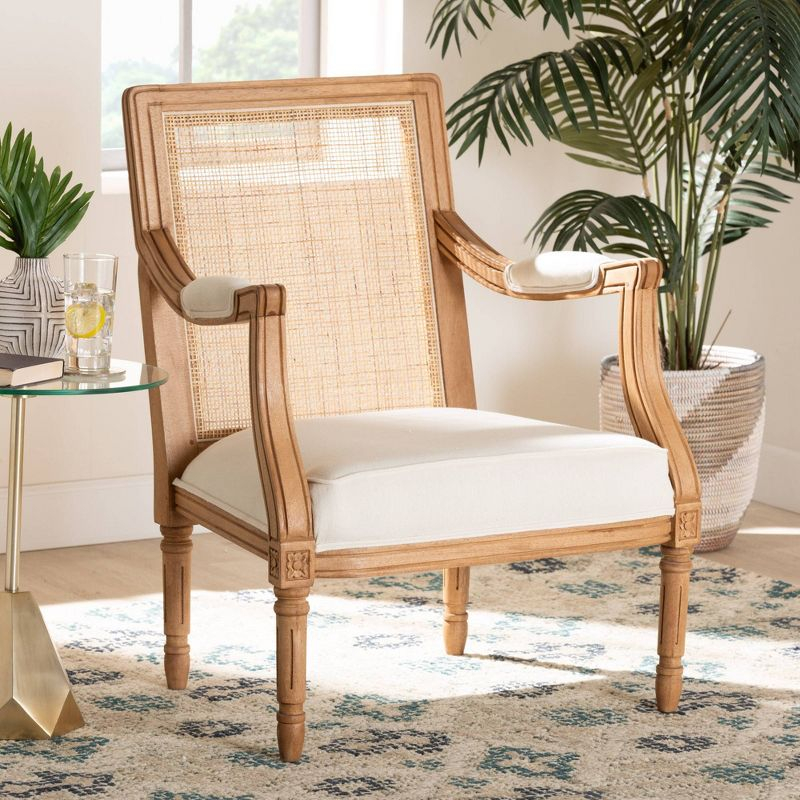 bali & pari Garridan Fabric and Wood Accent Chair Beige/Honey Oak: Polyester Upholstery, Spot Clean, Rattan Frame
