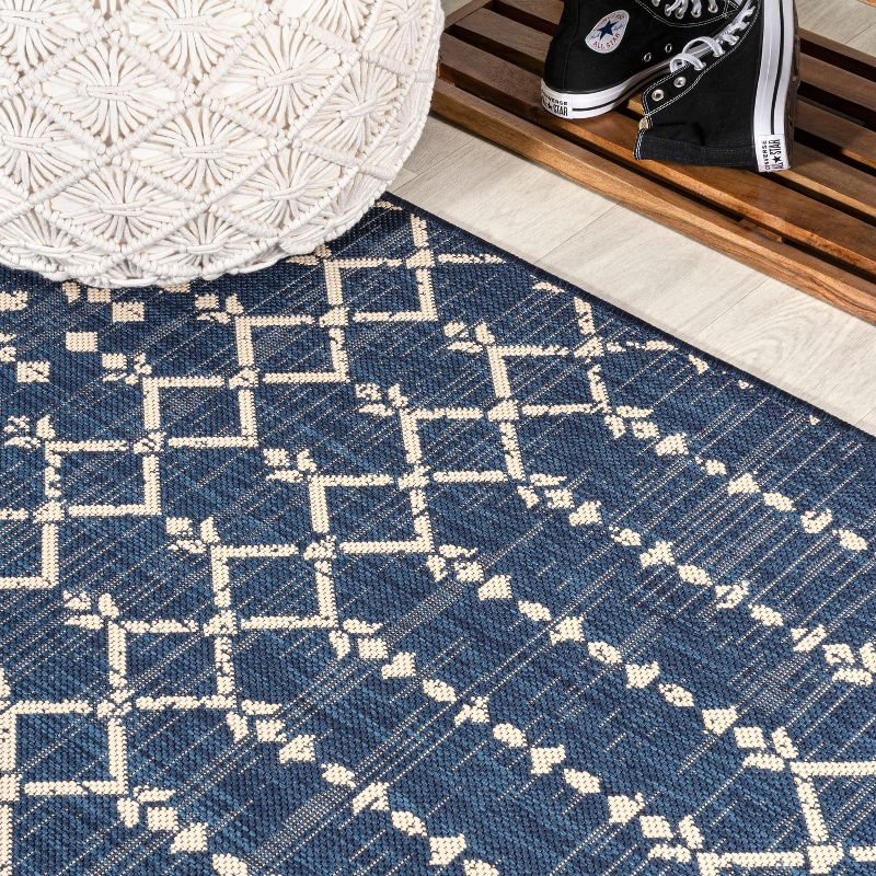 2' x 10' Ourika Moroccan Geometric Textured Weave Indoor/Outdoor Runner Rug, Navy/Beige - JONATHAN Y