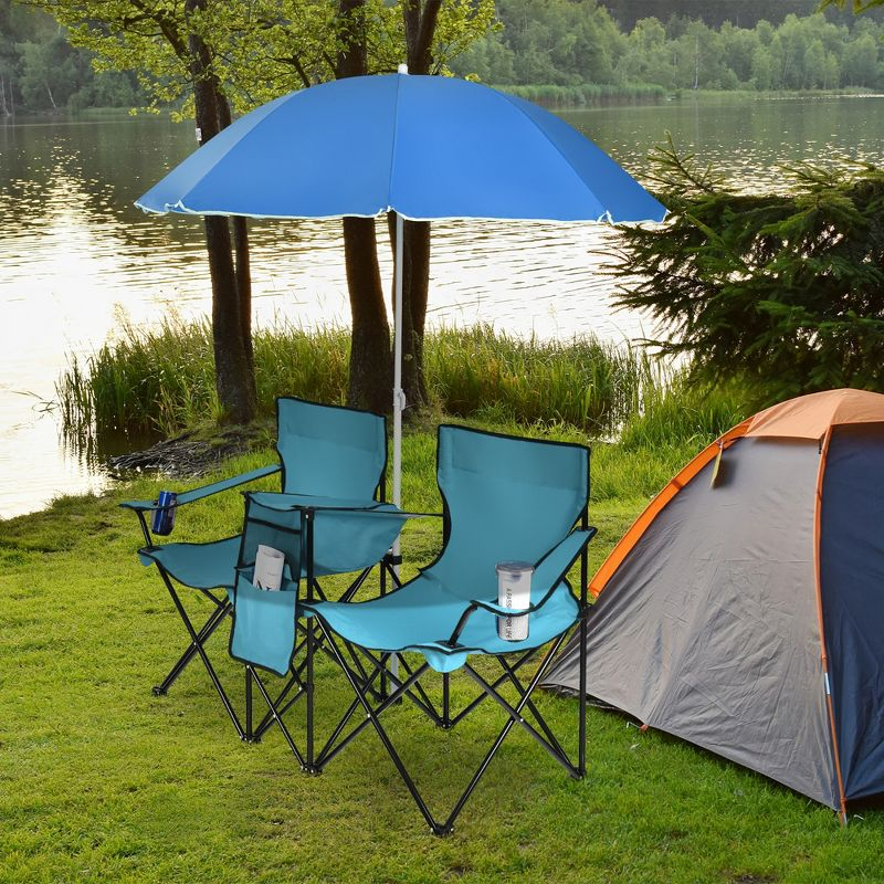 Portable Folding Picnic Double Chair W/Umbrella Table Cooler Beach Camping Turquoise