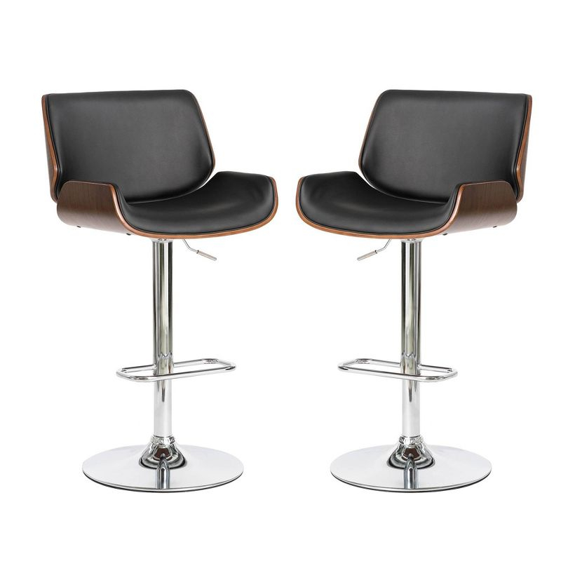 Set of 2 Leatherette Adjustable Height Swivel Bar Stools Chrome Plated Base Black - Glitzhome: Mid-Century, Curved Back, Pneumatic