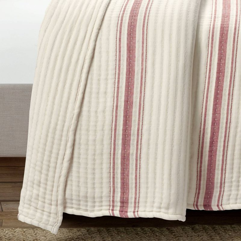 Lush Décor Full/Queen Farmhouse Stripe Kantha Pick Sti Thread Counth Yarn Dyed Woven Single Quilt/Coverlet Red: Reversible, OEKO-TEX Certified