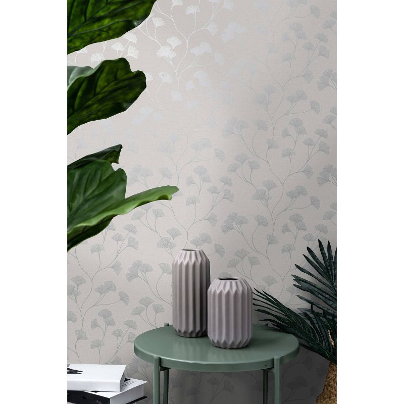 Holden Glistening Ginkgo Silver Wallpaper: Mid-Century Modern Floral Design, Non-Pasted Paper, Smooth Metallic Finish, 56 Sq Ft Coverage