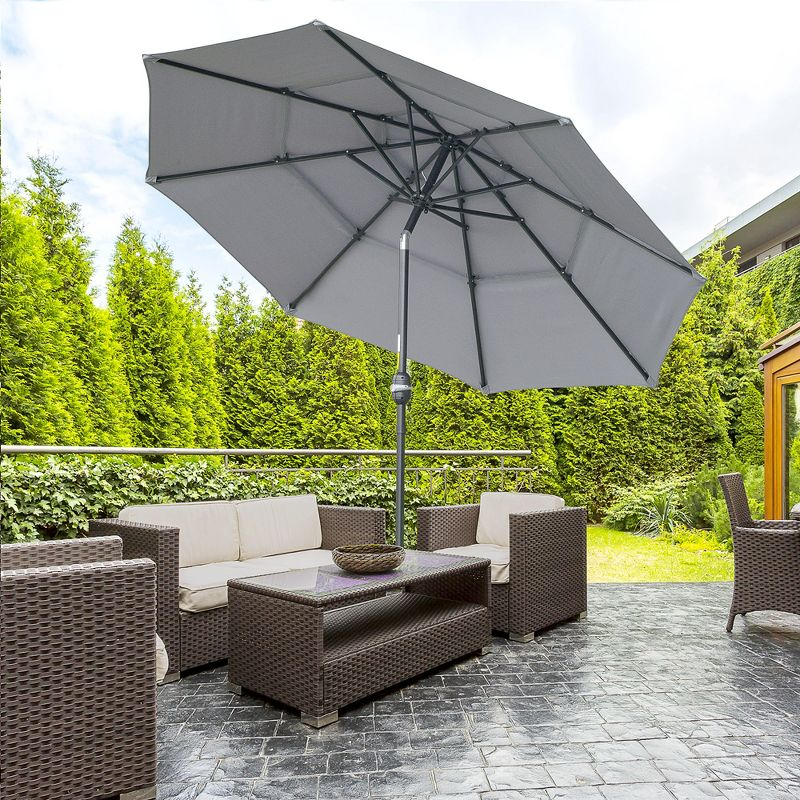 Outsunny 9' 3-Tier Patio Umbrella, Outdoor Market Umbrella with Crank and Push Button Tilt for Deck, Backyard and Lawn, Dark Gray