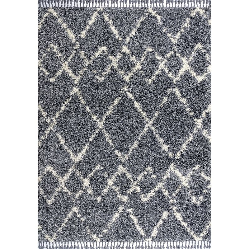 3'x5' Mercer Shag Plush Tassel Moroccan Geometric Trellis Area Rug, Denim/Cream - JONATHAN Y