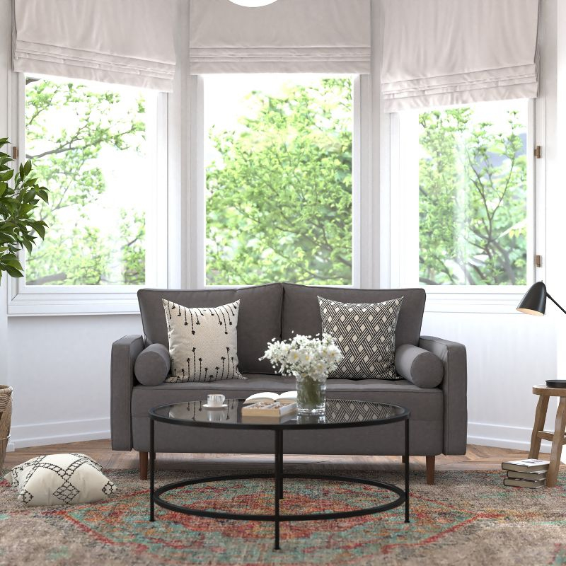 Flash Furniture Hudson Mid-Century Modern Loveseat Sofa with Tufted Faux Linen Upholstery & Solid Wood Legs in Dark Gray