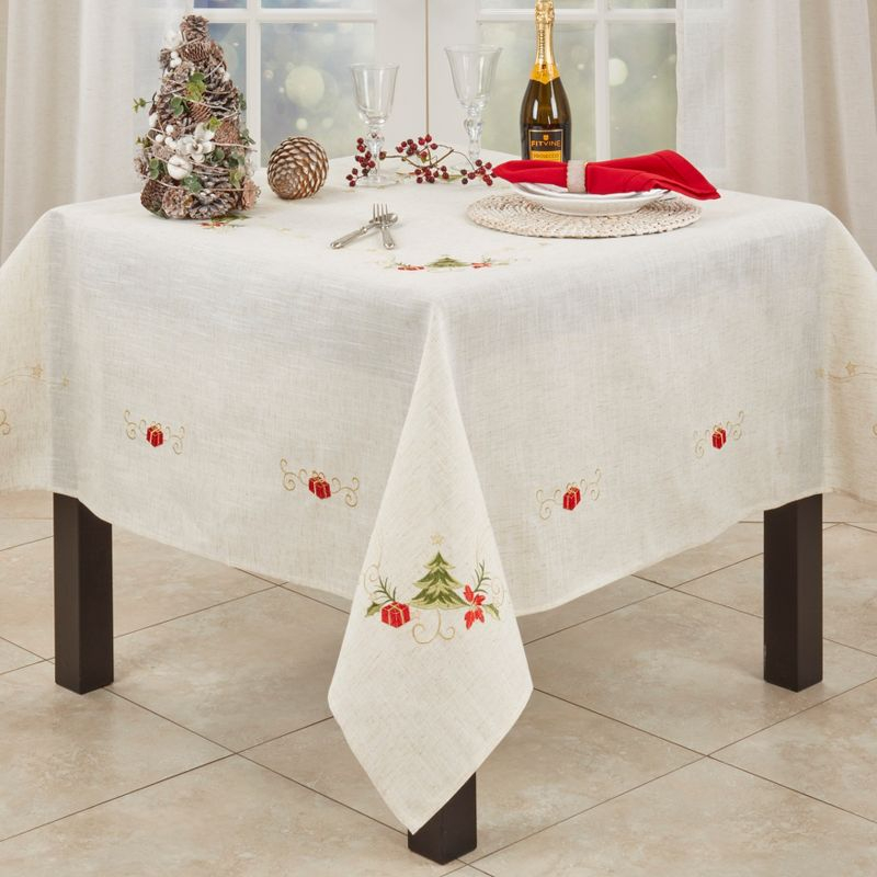 Saro Lifestyle Embroidered Christmas Tree Design Holiday Linen Blend Tablecloth, 67"x67", Beige