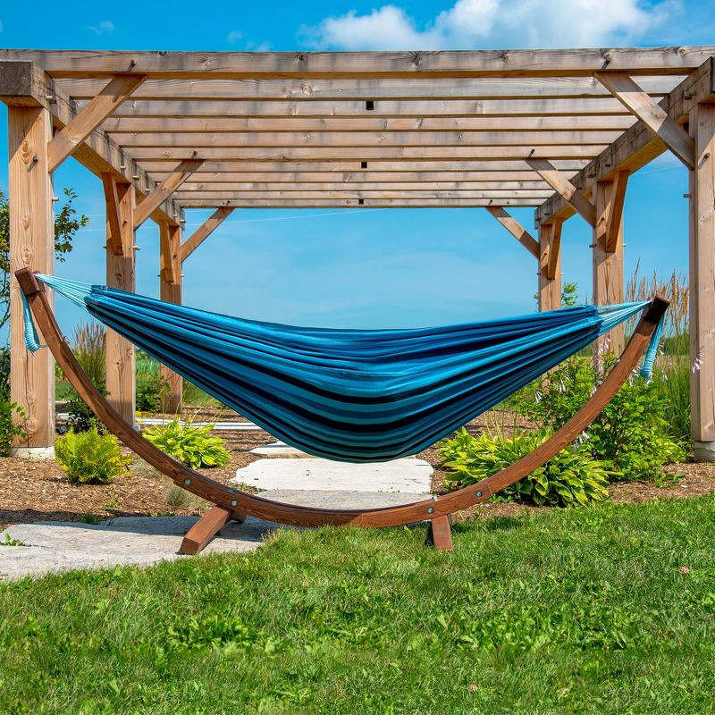 Vivere 8ft Double Cotton Hammock with Solid Pine Arc Stand - Blue Lagoon Color