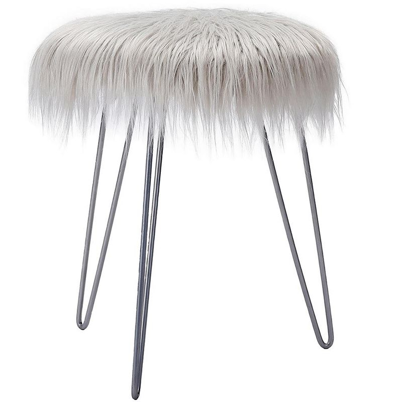 BirdRock Home Round Faux Fur Foot Stool Ottoman - Grey with Silver Legs