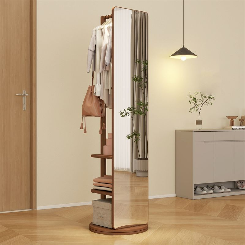 Full Length Mirror with Stand, 360°Swivel Full Body Mirror with Cloak Rack, Modern Standing Mirror for Bedroom Living Room Entryway 65.7" Walnut