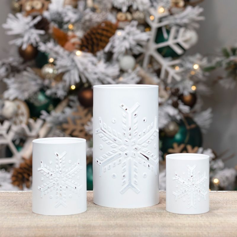 AuldHome Design Snowflake Candle Lanterns for Pillar Candles, 3pc Set; Christmas Holiday Decor Centerpiece Candle Holders
