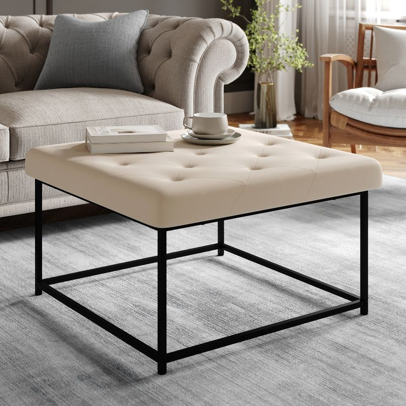Flash Furniture Ashton 30" Square LeatherSoft Tufted Ottoman with Metal Frame, Beige LeatherSoft/Black Frame