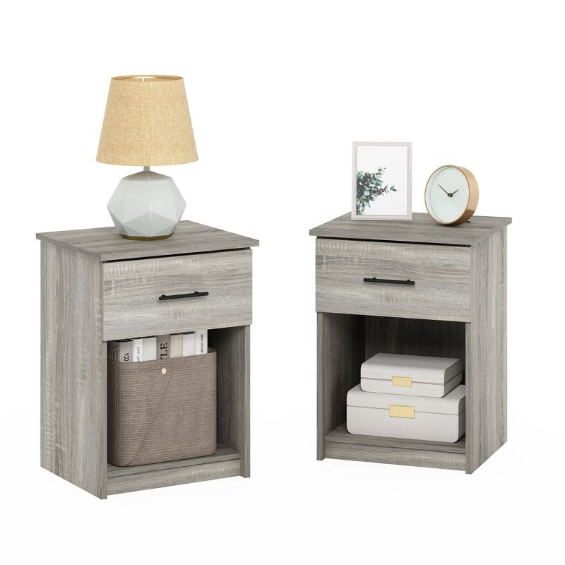 Furinno 2PCS Mid-Century Nightstand Multipurpose End Table Accent Side Table W/Drawer & Open Storage Cube for Bedroom,Living Room,French Oak Grey