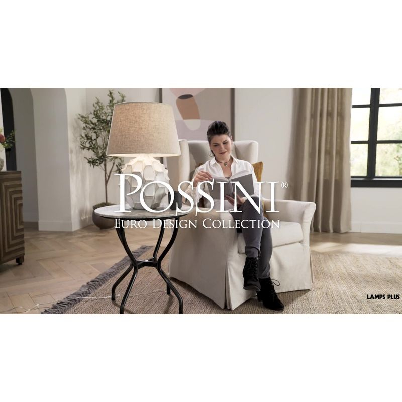 Possini Euro Design Cosgrove Modern Mid Century Table Lamp 26 1/2" High White Glazed Ceramic Light Brown Linen Drum Shade for Bedroom Living Room Home