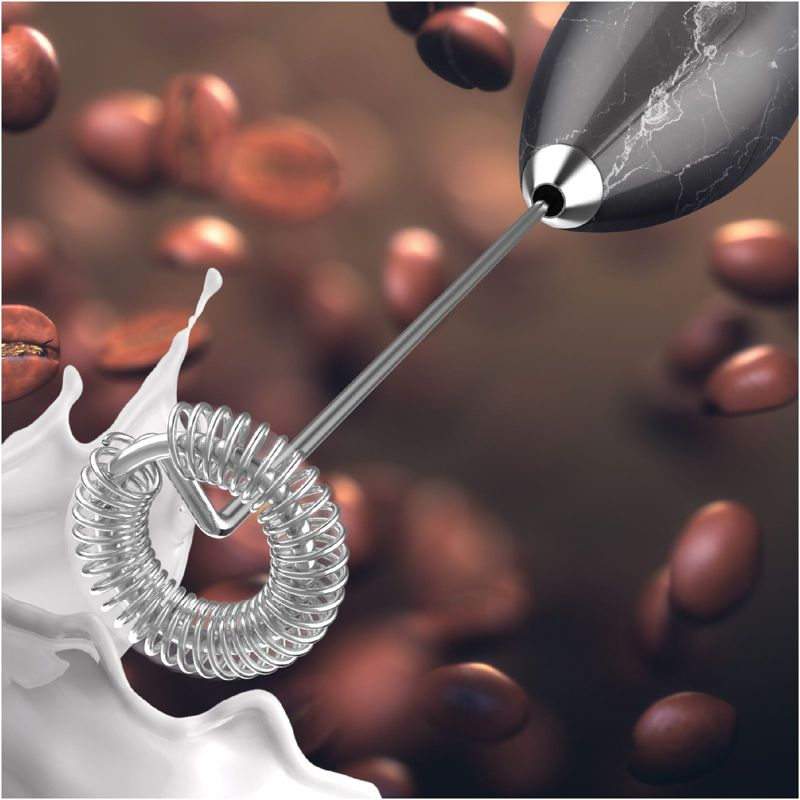 PowerLix Milk Frother Handheld Battery Operated Electric Whisk Foam Maker For Coffee With Stainless Steel Stand Included  - Black Marble