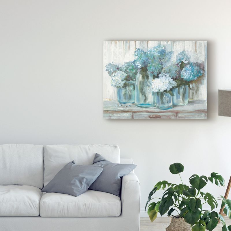 Trademark Fine Art -Carol Rowan 'Hydrangeas In Glass Jars Blue' Canvas Art - 35''x47''