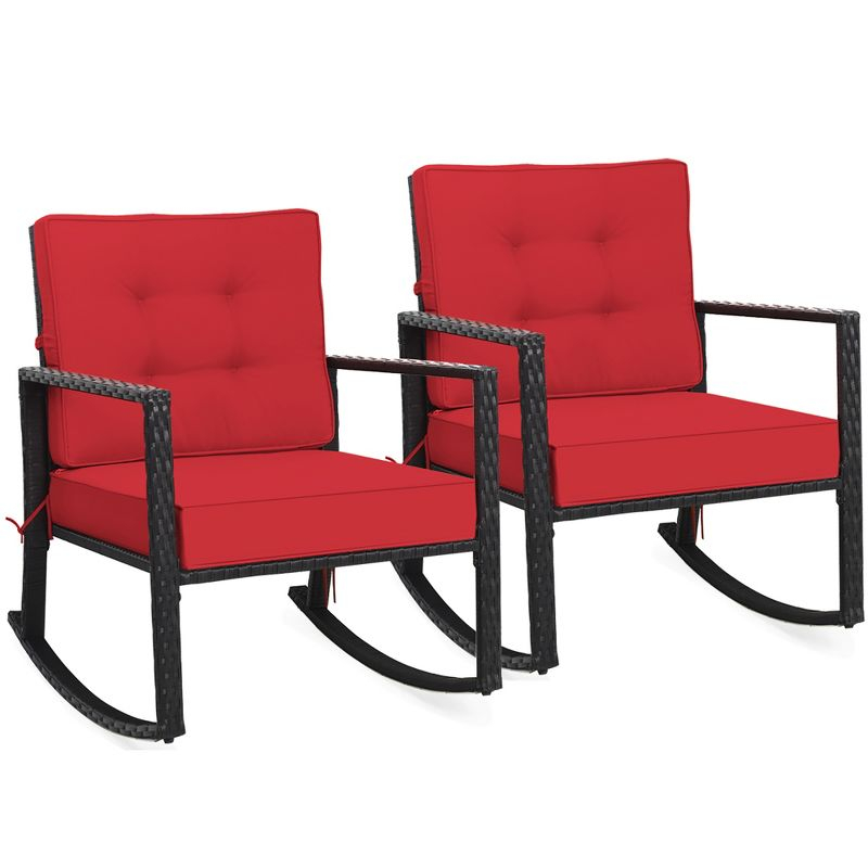 Costway 2PCS Patio Rattan Rocker Chair Outdoor Glider Wicker Rocking Chair Cushion Red