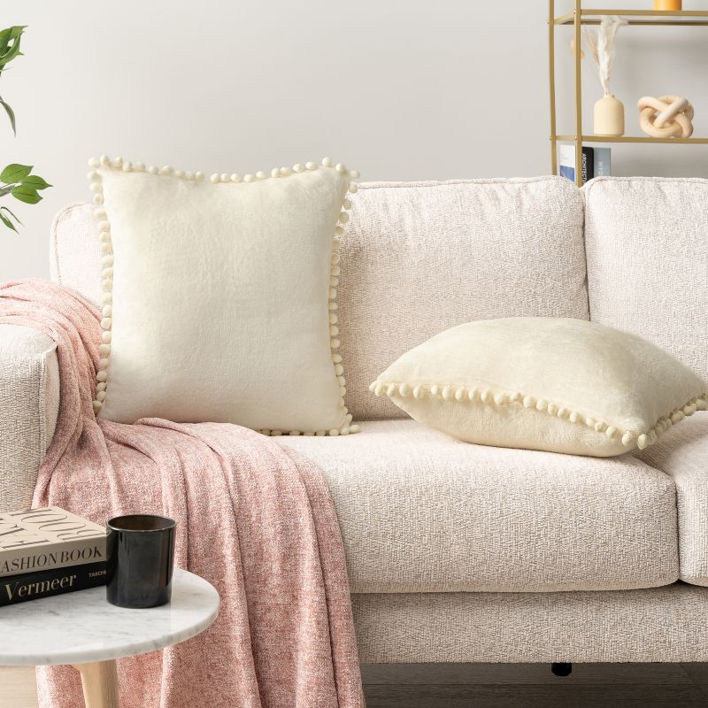 PAVILIA Set of 2 Pom Pom Throw Pillow Covers, Decorative Pompom Fringe Square Cushion Cases for Couch Sofa Bed, Cream/20 x 20