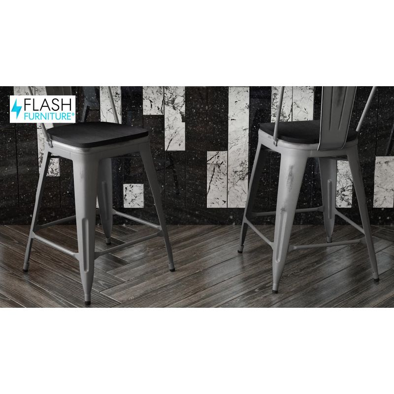 Flash Furniture Lincoln 24'' High Silver Antique Finish with Clear Coat Indoor Counter Height Stool with Back and Teak Poly Resin Wood Seat