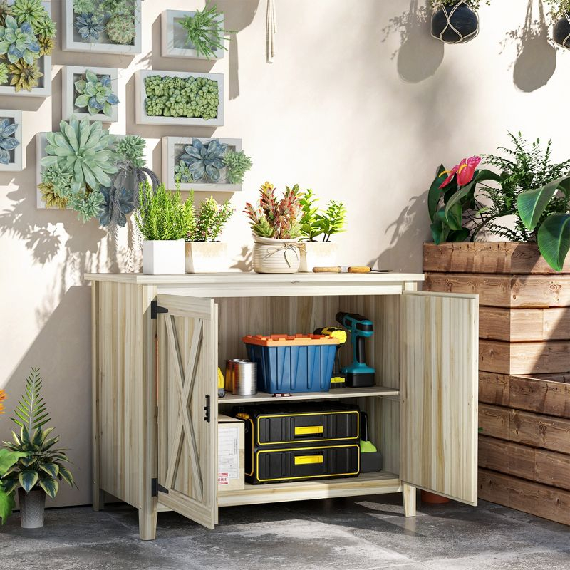 Outsunny Wood Outdoor Storage Cabinet, Compact Garden Shed Potting Shed with Shelf and Double Doors, Natural Wood