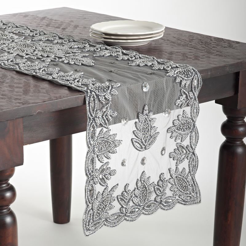 Saro Lifestyle Hand Beaded Design Runner, Pewter, 16" x 72"