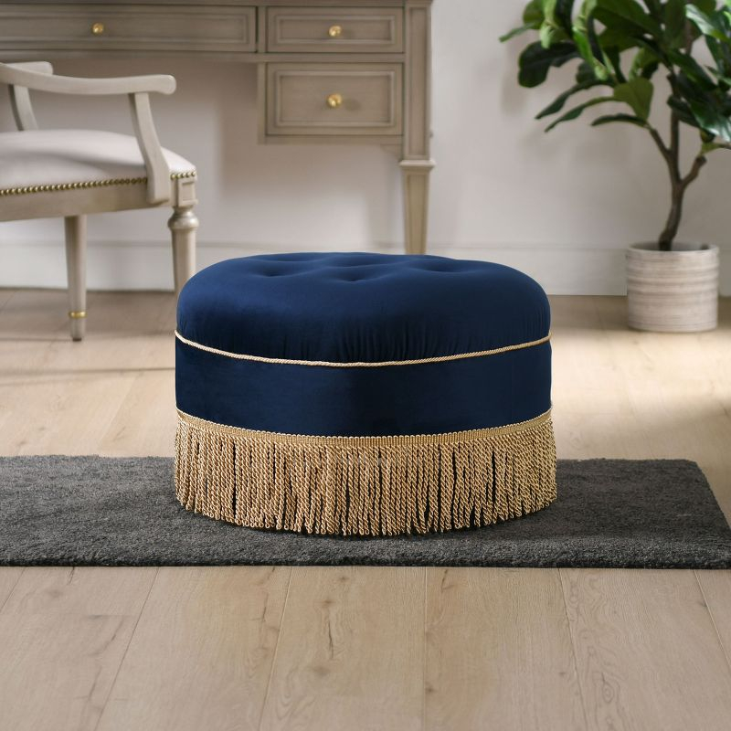 Jennifer Taylor Home Yolanda Upholstered Round Accent Ottoman, Navy Blue Velvet with Gold Trim