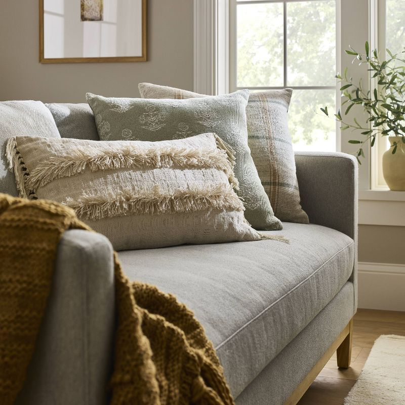 Woven Block Print Square Throw Pillow Light Sage/Cream - Threshold™ designed with Studio McGee: Cotton Jacquard, Indoor Use, Zippered