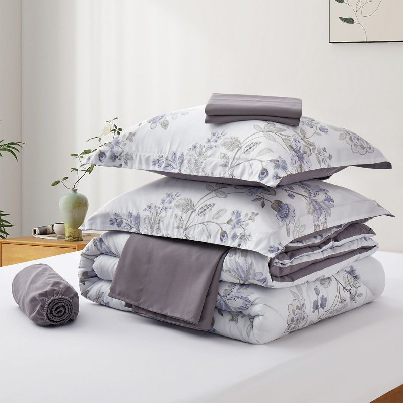 Peace Nest 7pc Floral Printed Reversible Comforter & Sheets Set, White, King