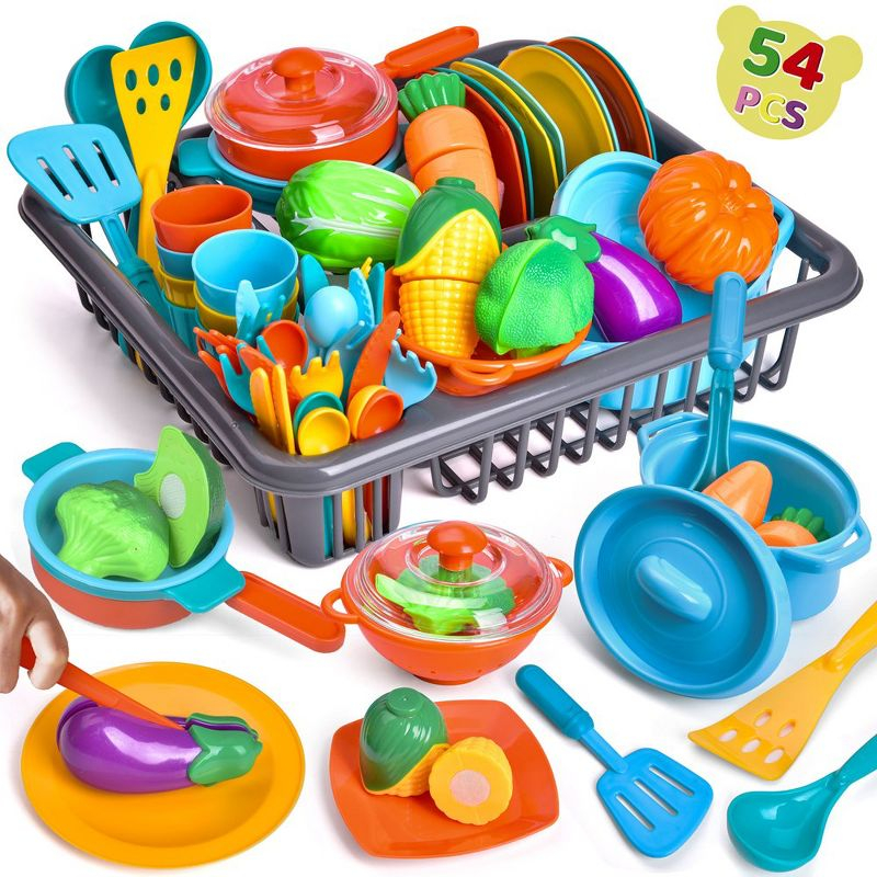 Fun Little Toys 54Pcs Play Dishes Set for Kids Kitchen, Pretend Play Pots, Pans & Food Toys, Toddler Cooking Set