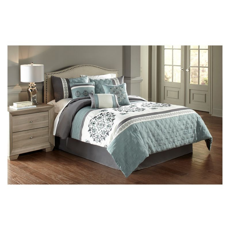 Riverbrook Home 7pc King Alex Comforter Set Blue & Gray : Polyester Medallion Pattern, Pleated & Quilted Design, Machine Washable