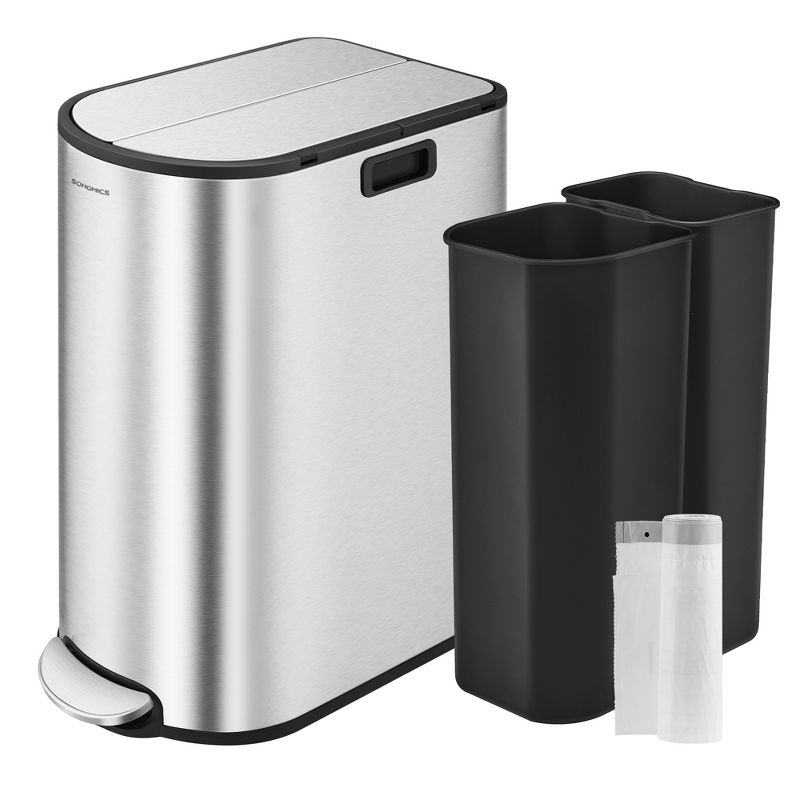 SONGMICS 13-Gal ( 50L ) Dual Kitchen Trash Can,Garbage Can with Wing Lids, Stainless Steel, Soft Close, Inner Buckets, with 15 Trash Bags, Silver